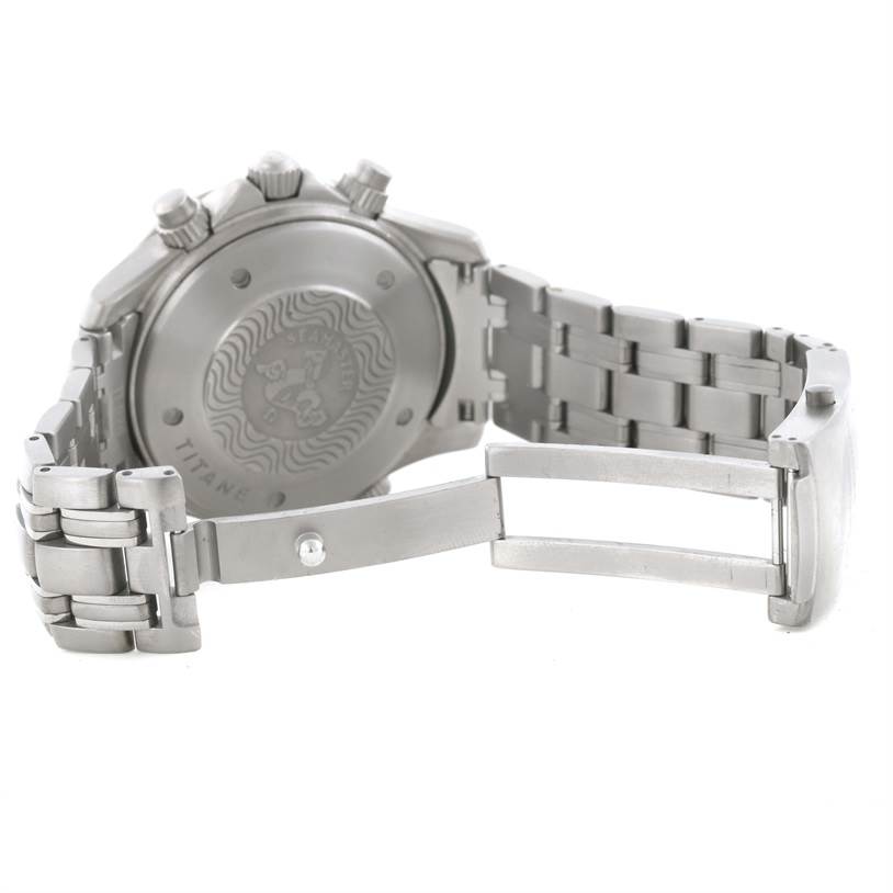 The image shows the back casing and metal bracelet of an Omega Seamaster 2298.80.00 Men
s Titanium Blue Dial 2298.80.00 Men
s Titanium Blue Dial watch at an angled view.