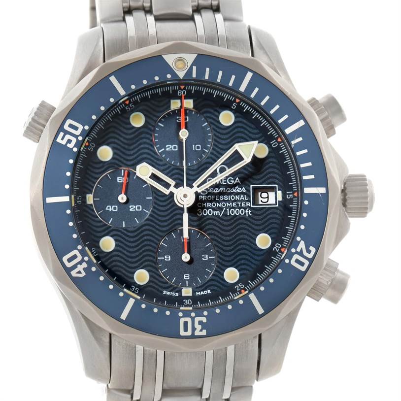 The image shows a front view of an Omega Seamaster 2298.80.00 Men
s Titanium Blue Dial 2298.80.00 Men
s Titanium Blue Dial watch, displaying the dial, bezel, and part of the metal strap.