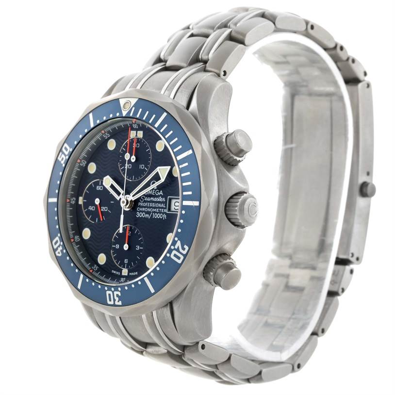 The image shows a side and front view of the Omega Seamaster 2298.80.00 Men
s Titanium Blue Dial 2298.80.00 Men
s Titanium Blue Dial watch, highlighting its bezel, pushers, dial, and bracelet.