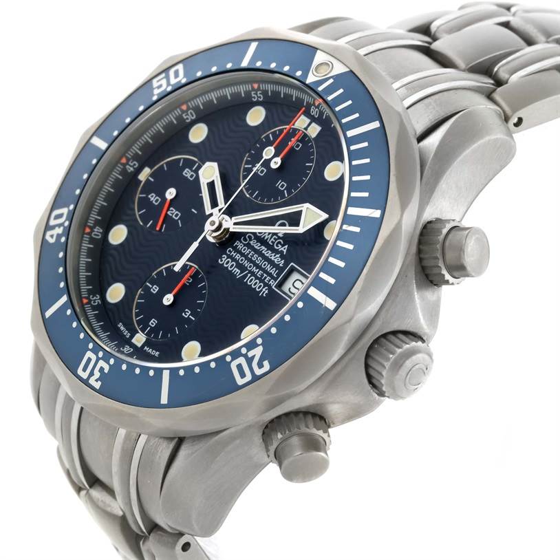 The image shows an angled side view of the Omega Seamaster 2298.80.00 Men
s Titanium Blue Dial 2298.80.00 Men
s Titanium Blue Dial watch, highlighting its dial, bezel, and side buttons.