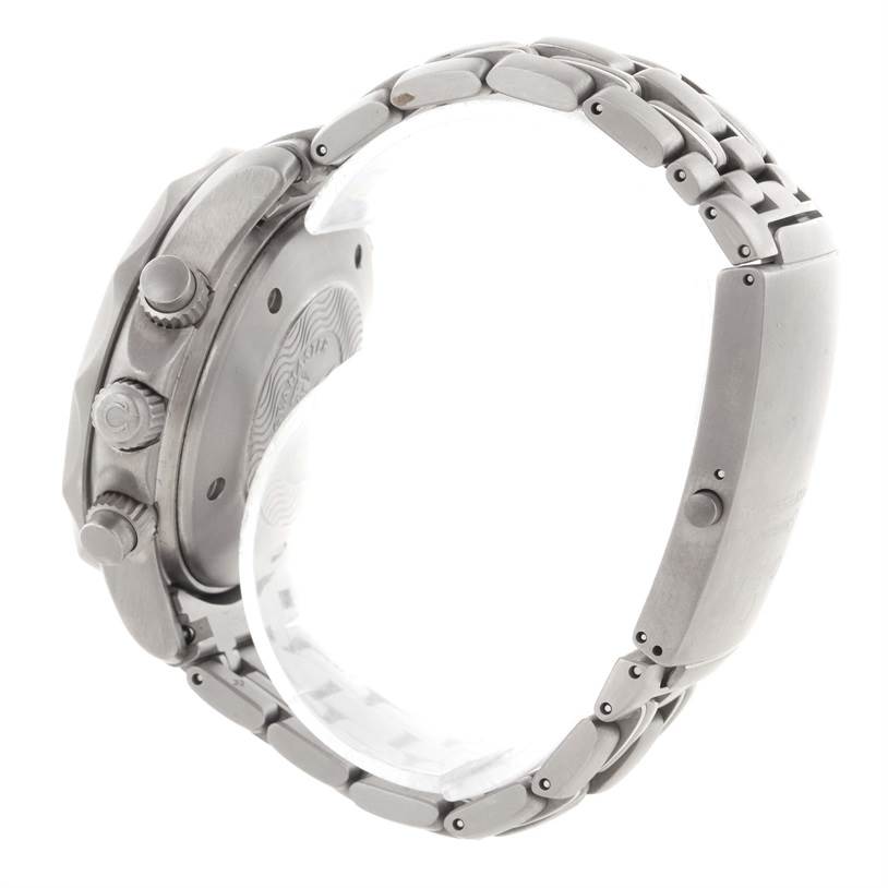 This image shows the side view of the Omega Seamaster 2298.80.00 Men
s Titanium Blue Dial 2298.80.00 Men
s Titanium Blue Dial watch, highlighting its pushers, crown, and metal bracelet.