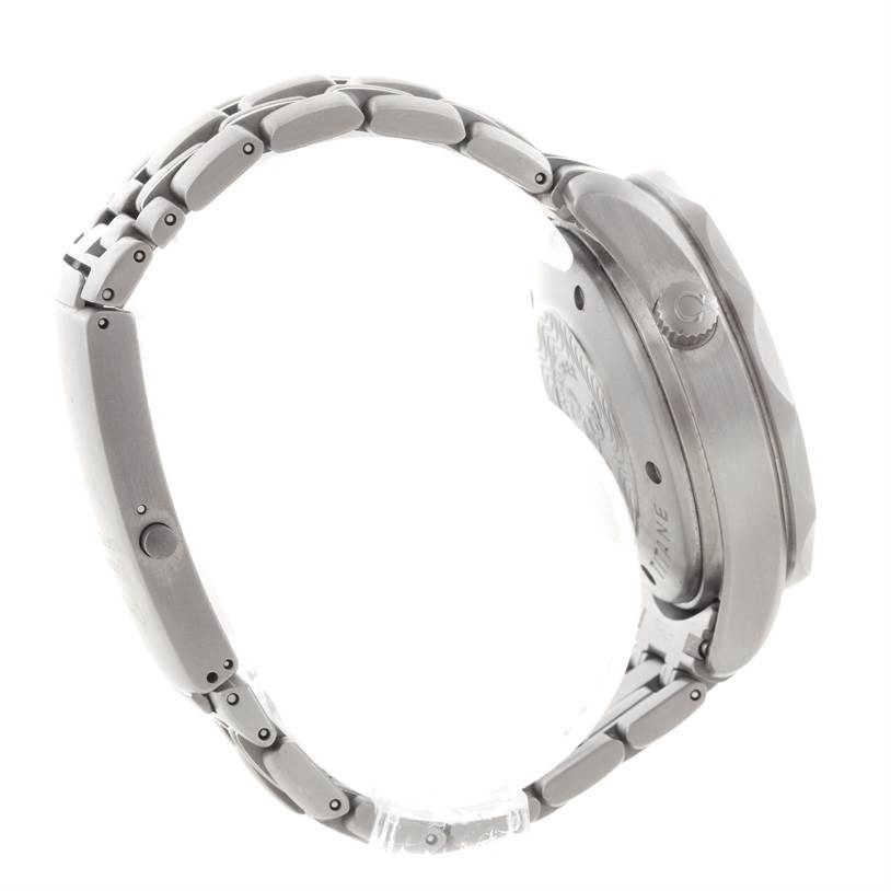 The image shows a side profile of an Omega Seamaster 2298.80.00 Men
s Titanium Blue Dial 2298.80.00 Men
s Titanium Blue Dial watch focusing on the bracelet, crown, and case back.