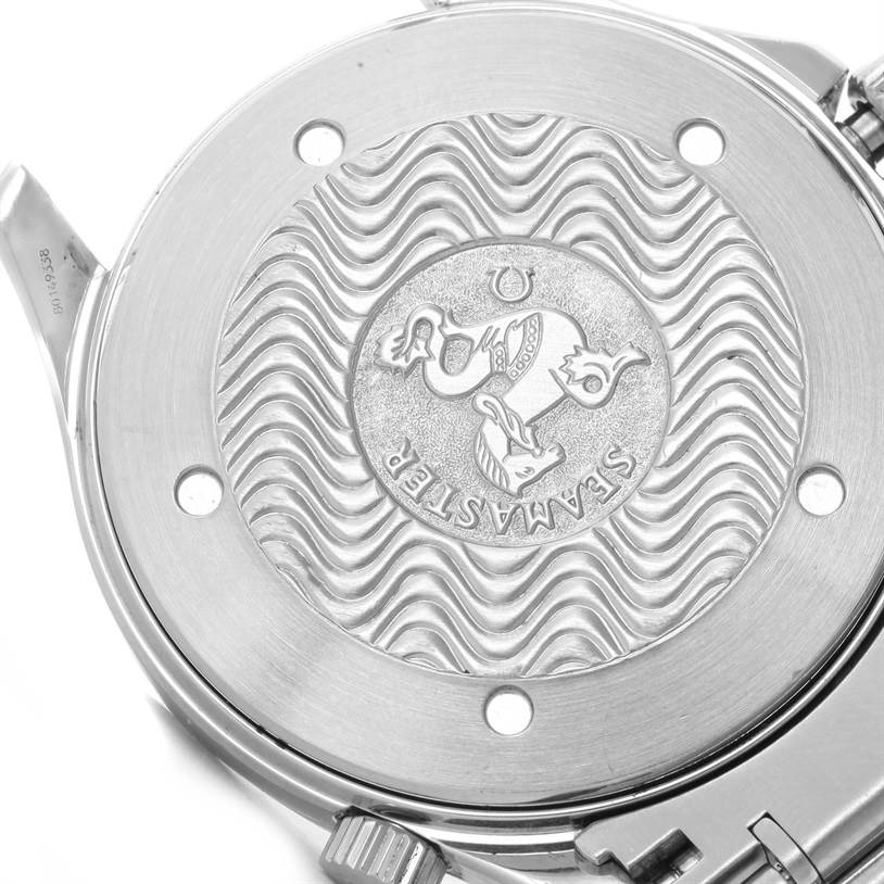 This image shows the case back of an Omega Seamaster 2254.50.00 Men
s Stainless Steel Black Dial 2254.50.00 Men
s Stainless Steel Black Dial watch, featuring the distinct wavy pattern and the Seamaster logo.