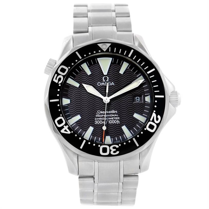 The image shows a front view of an Omega Seamaster 2254.50.00 Men
s Stainless Steel Black Dial 2254.50.00 Men
s Stainless Steel Black Dial watch, displaying the face, bezel, and metal bracelet.