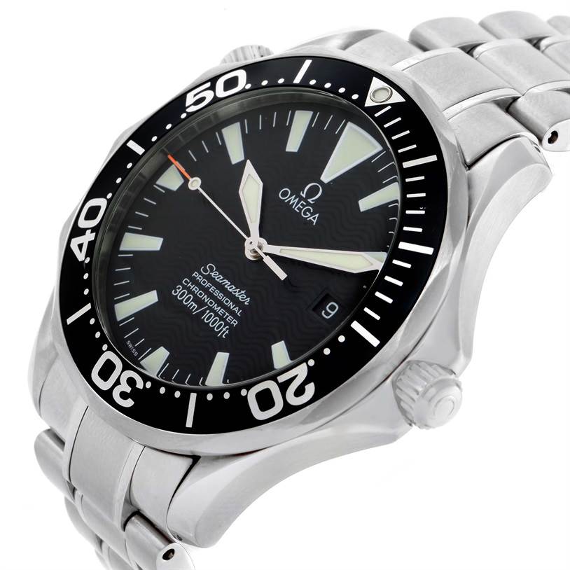 The image shows an Omega Seamaster 2254.50.00 Men
s Stainless Steel Black Dial 2254.50.00 Men
s Stainless Steel Black Dial watch from an angled side view, highlighting the dial, bezel, and bracelet.