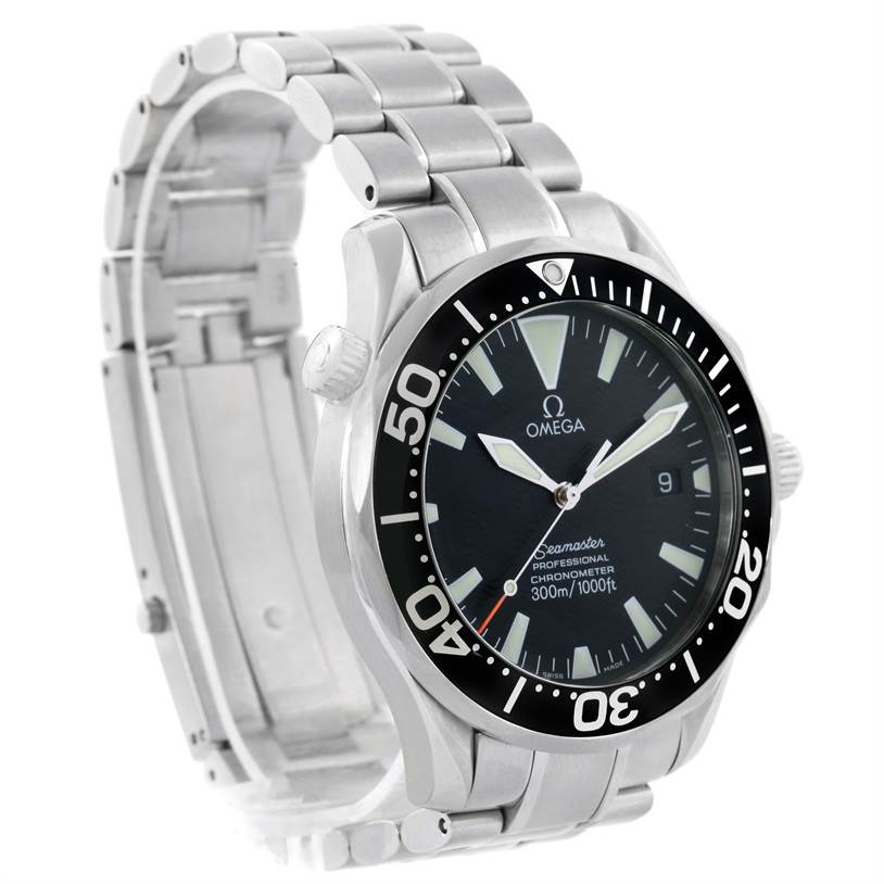 The image shows a side-angle view of an Omega Seamaster 2254.50.00 Men
s Stainless Steel Black Dial 2254.50.00 Men
s Stainless Steel Black Dial watch, displaying the bezel, dial, crown, and part of the bracelet.