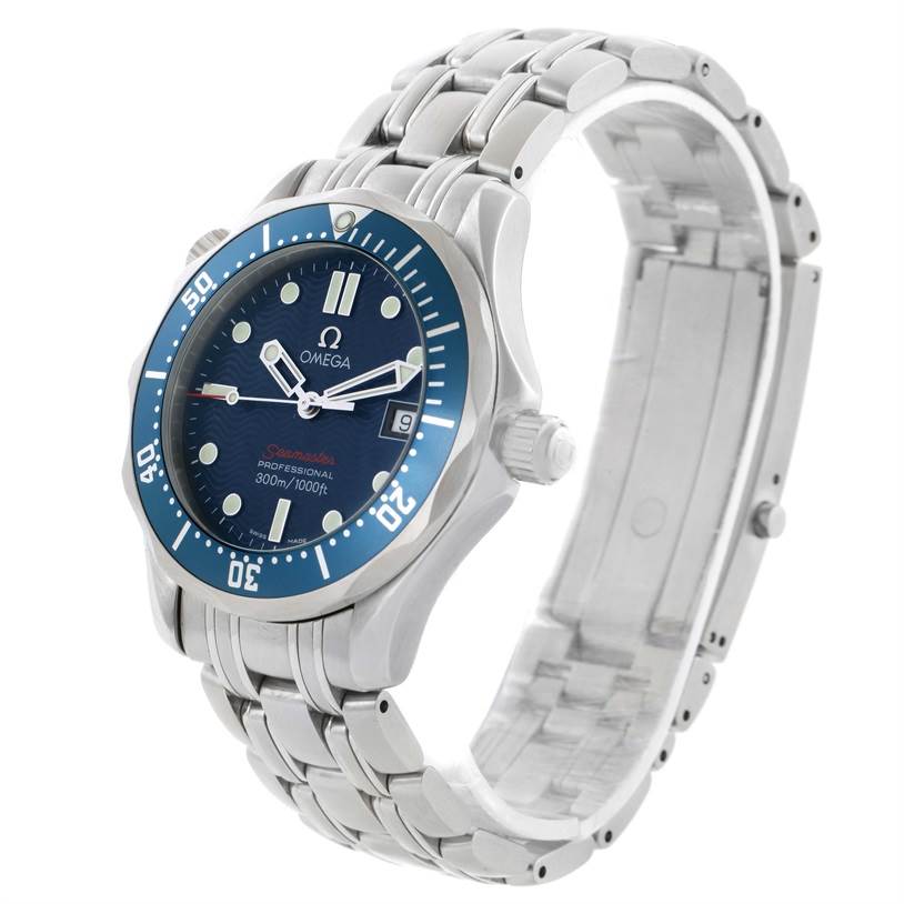 The Omega Seamaster 2223.80.00 Men
s Stainless Steel Blue Dial 2223.80.00 Men
s Stainless Steel Blue Dial watch is shown at an angle displaying the face, bezel, crown, and metal bracelet.