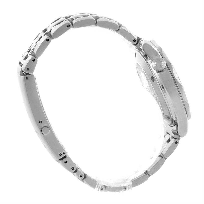 The image shows a side view of the Omega Seamaster 2223.80.00 Men
s Stainless Steel Blue Dial 2223.80.00 Men
s Stainless Steel Blue Dial watch, highlighting its bracelet and case profile with the crown visible.