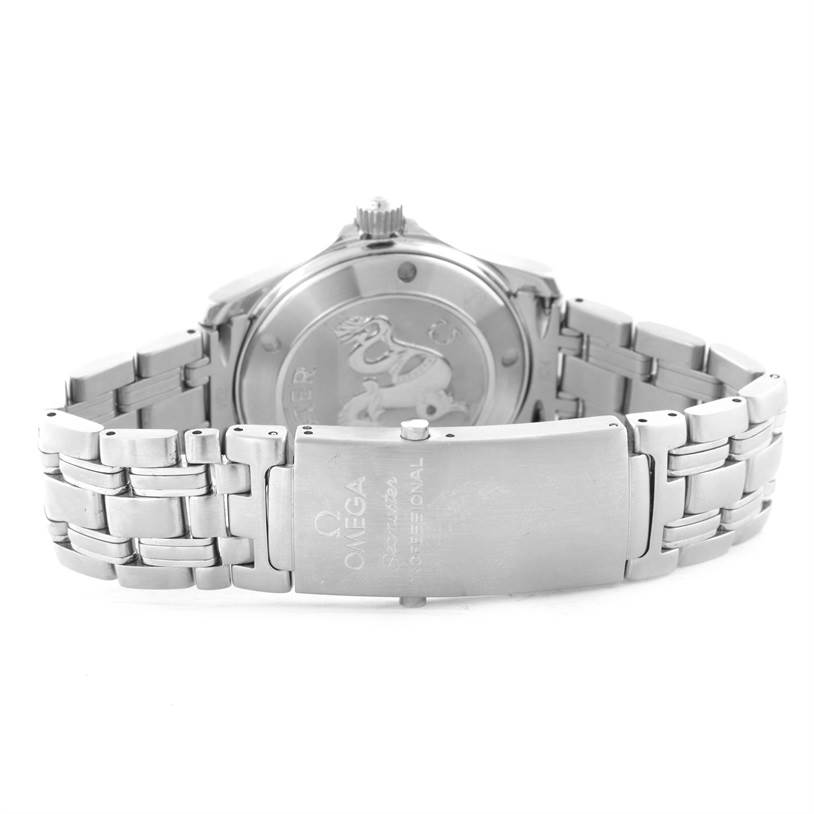 The image shows the back view of an Omega Seamaster 2223.80.00 Men
s Stainless Steel Blue Dial 2223.80.00 Men
s Stainless Steel Blue Dial watch, focusing on the case back and bracelet clasp.