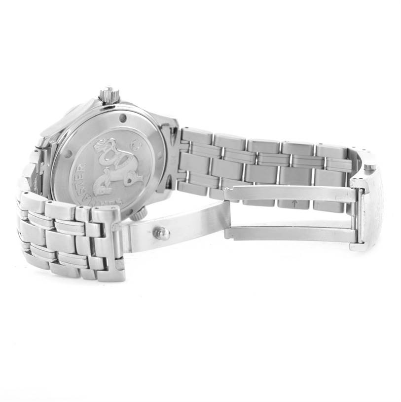 The image shows the back case and partially open bracelet clasp of an Omega Seamaster 2223.80.00 Men
s Stainless Steel Blue Dial 2223.80.00 Men
s Stainless Steel Blue Dial watch.