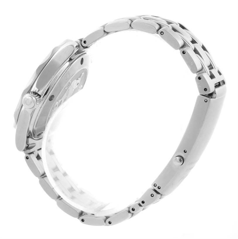 Side view of an Omega Seamaster 2223.80.00 Men
s Stainless Steel Blue Dial 2223.80.00 Men
s Stainless Steel Blue Dial watch showing the case, crown, and stainless steel bracelet.