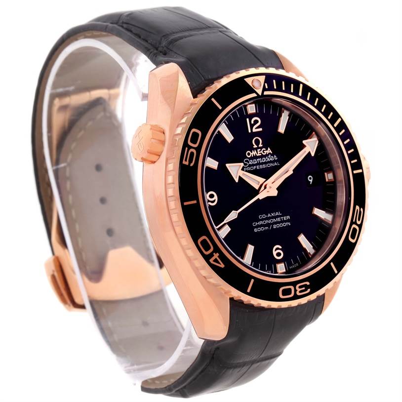 The Omega Seamaster 232.63.46.21.01.001 Men
s Black Dial 232.63.46.21.01.001 Men
s Black Dial watch is shown at an angled view, highlighting its rose gold case, black bezel, and black leather strap.