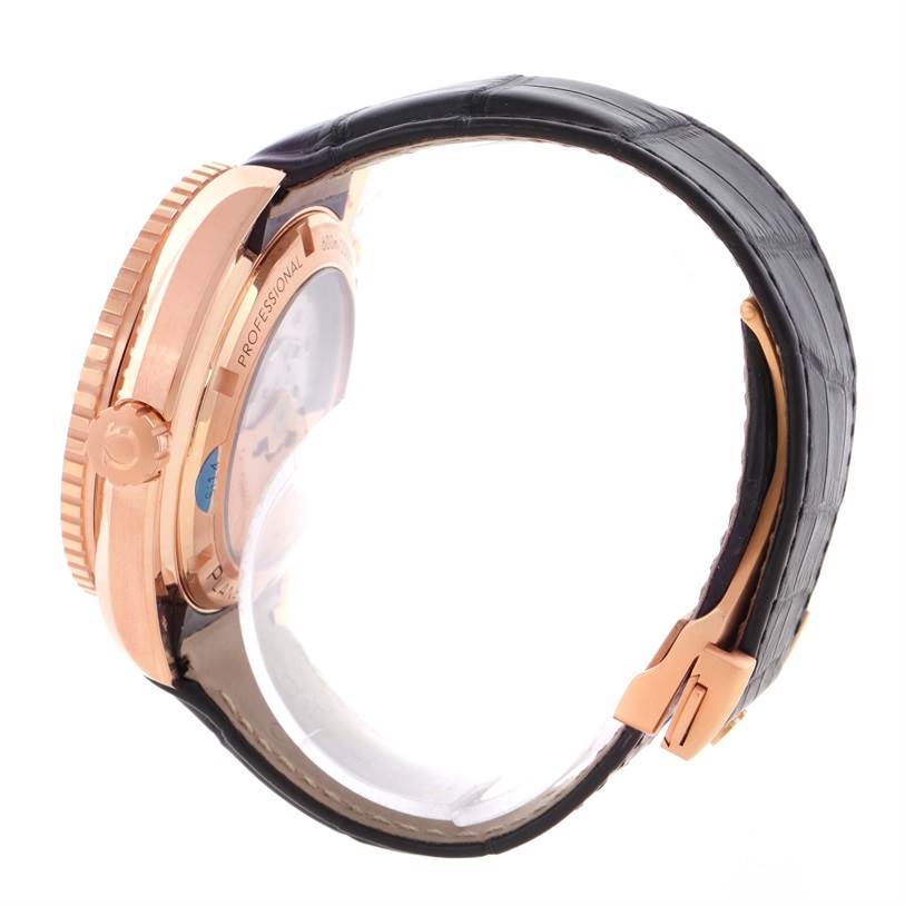 The image shows a side profile of an Omega Seamaster 232.63.46.21.01.001 Men
s Black Dial 232.63.46.21.01.001 Men
s Black Dial watch, highlighting the crown, bezel, case, and leather strap.