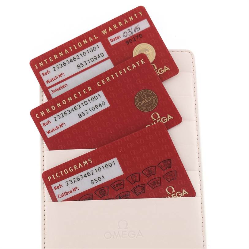 The image shows International Warranty, Chronometer Certificate, and Pictograms cards for an Omega Seamaster 232.63.46.21.01.001 Men
s Black Dial 232.63.46.21.01.001 Men
s Black Dial watch.