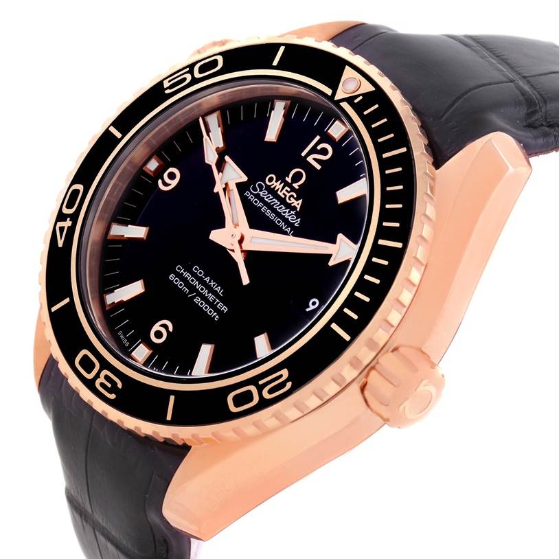 The image shows a close-up angle of the Omega Seamaster 232.63.46.21.01.001 Men
s Black Dial 232.63.46.21.01.001 Men
s Black Dial watch, highlighting the watch face, bezel, crown, and part of the strap.