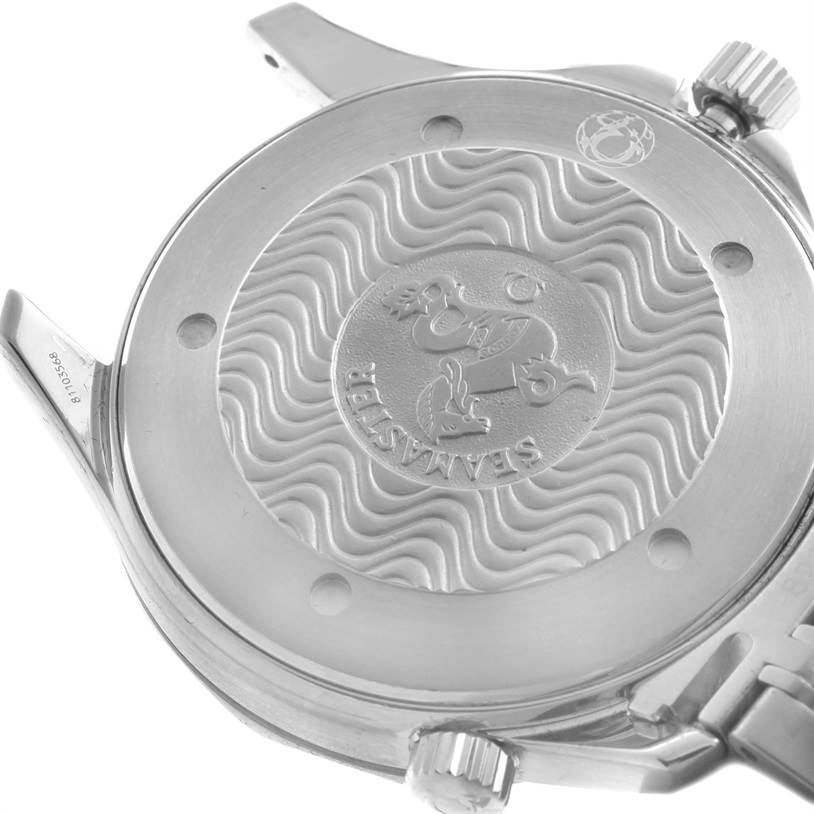 The image shows the back and part of the case of an Omega Seamaster 2531.80.00 Men
s Stainless Steel Blue Dial 2531.80.00 Men
s Stainless Steel Blue Dial model watch with its detailed engravings.