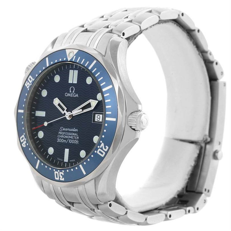 This image shows a side and front angled view of the Omega Seamaster watch, highlighting the dial, bezel, crown, and metal bracelet.