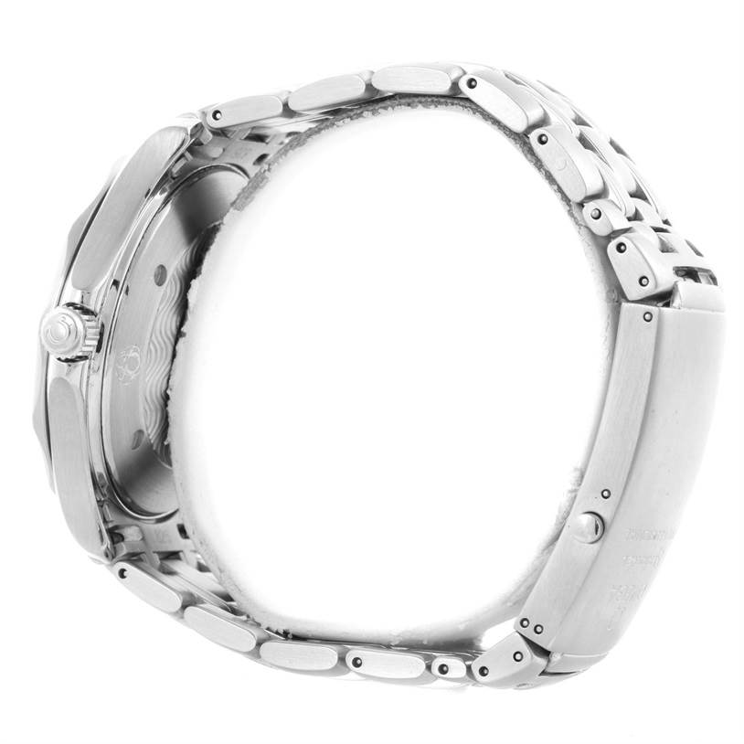 The Omega Seamaster 2531.80.00 Men
s Stainless Steel Blue Dial 2531.80.00 Men
s Stainless Steel Blue Dial watch is shown from the side, displaying its crown, case, and metal bracelet clasp.