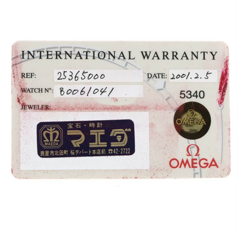 The image shows an international warranty card for the Omega Seamaster 2536.50.00 Men
s Stainless Steel Black Dial 2536.50.00 Men
s Stainless Steel Black Dial model watch.