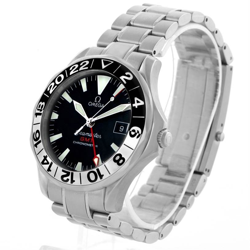 An Omega Seamaster 2536.50.00 Men
s Stainless Steel Black Dial 2536.50.00 Men
s Stainless Steel Black Dial watch is shown at an oblique angle, displaying its face, bezel, and metal bracelet.