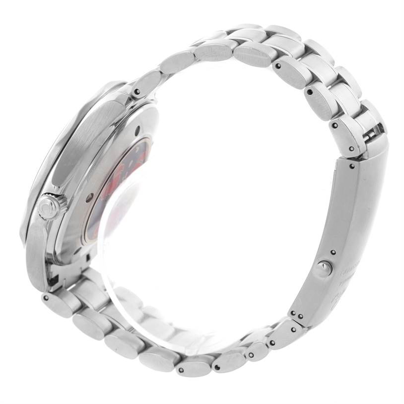 This side view of the Omega Seamaster 2536.50.00 Men
s Stainless Steel Black Dial 2536.50.00 Men
s Stainless Steel Black Dial shows the watch case, crown, and metal bracelet.