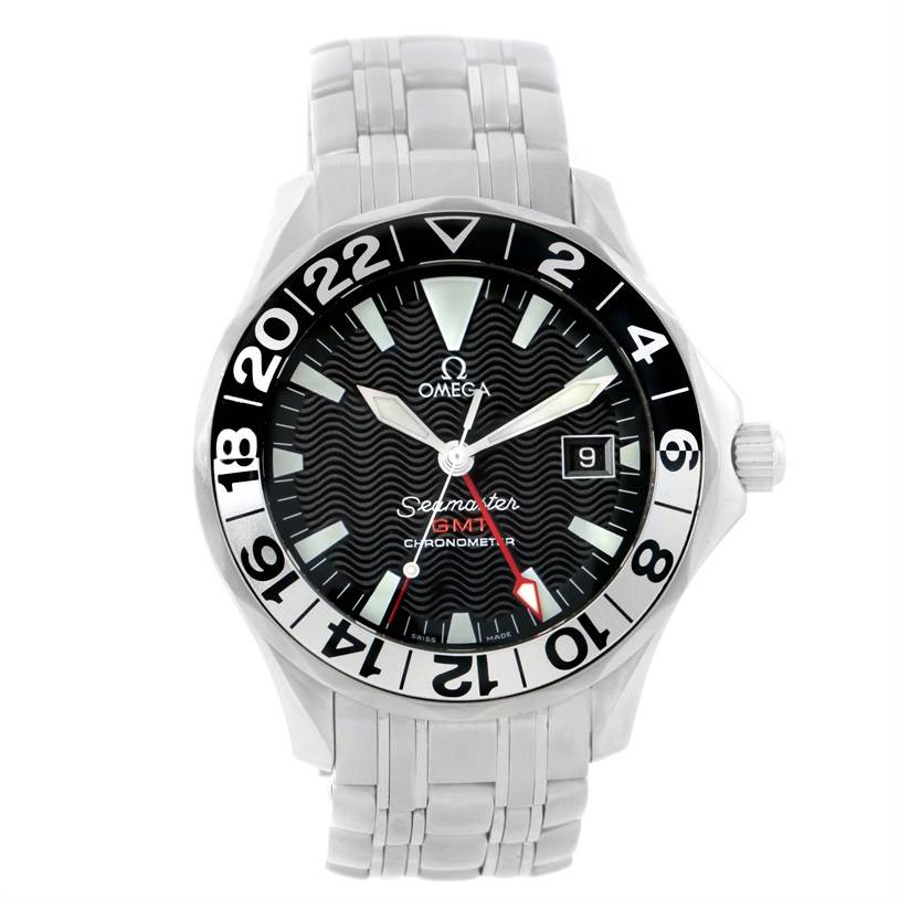 The image shows a front view of the Omega Seamaster 2534.50.00 Men
s Stainless Steel Black Dial 2534.50.00 Men
s Stainless Steel Black Dial watch, displaying its dial, bezel, case, and bracelet.