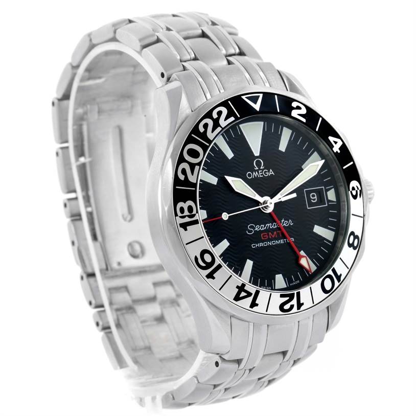 The Seamaster by Omega watch is shown at a three-quarter angle highlighting the watch face, bezel, and stainless steel bracelet.