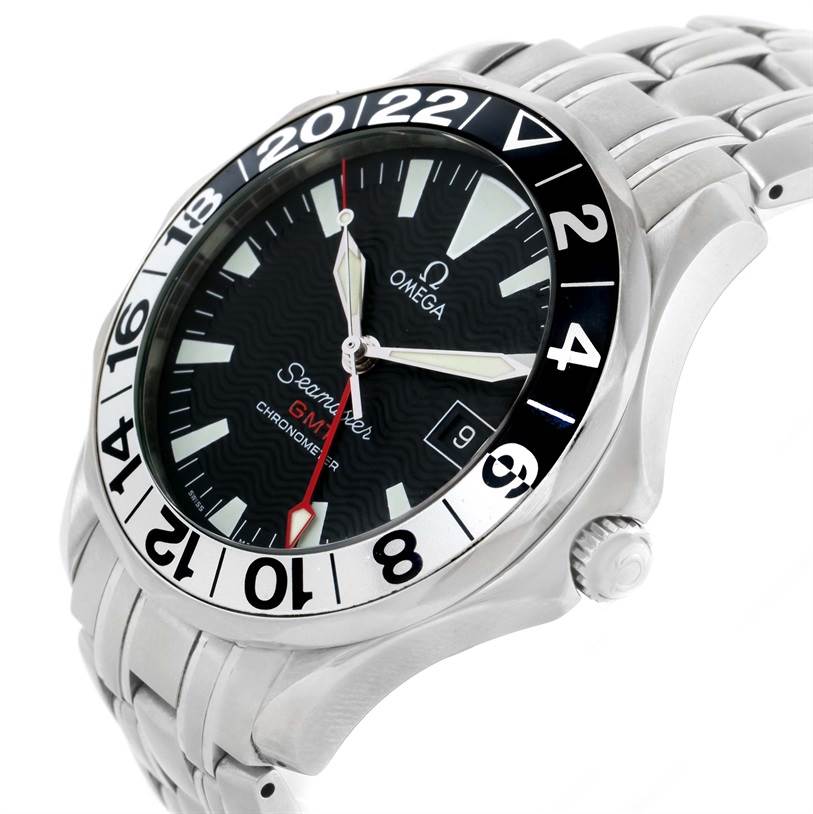 This image shows an Omega Seamaster 2534.50.00 Men
s Stainless Steel Black Dial 2534.50.00 Men
s Stainless Steel Black Dial watch from a slight side angle, highlighting its bezel, crown, face, and part of its bracelet.