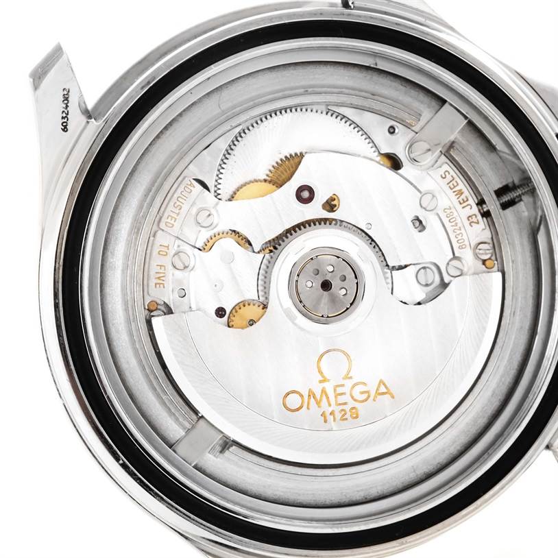 The image shows the movement and internal mechanism of an Omega Seamaster 2534.50.00 Men
s Stainless Steel Black Dial 2534.50.00 Men
s Stainless Steel Black Dial watch, viewed from the back.