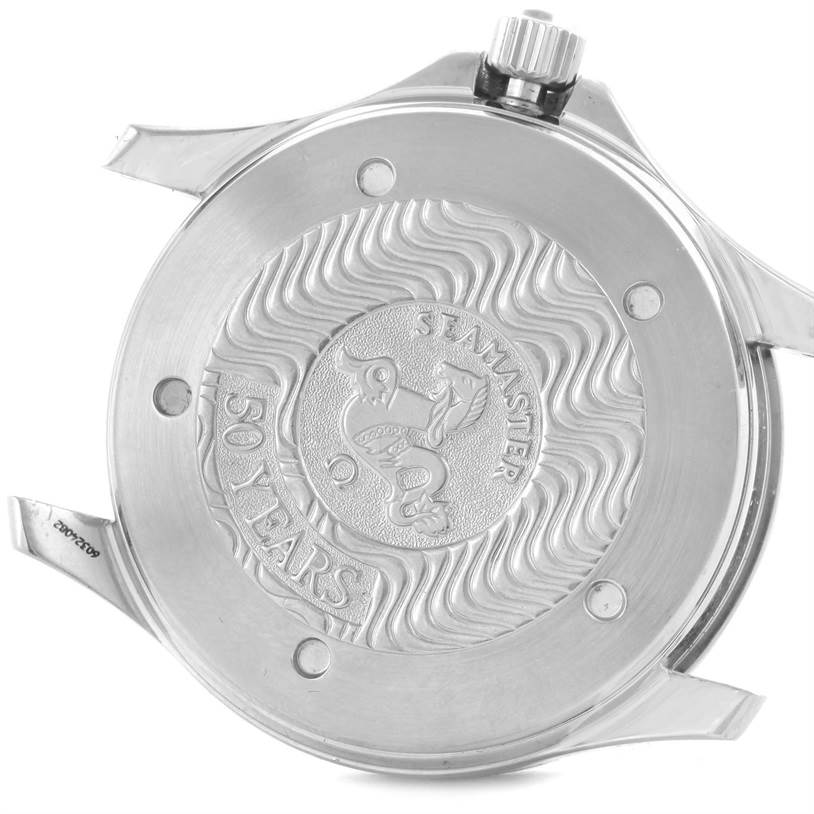 This image shows the back (case back) of an Omega Seamaster 2534.50.00 Men
s Stainless Steel Black Dial 2534.50.00 Men
s Stainless Steel Black Dial watch, displaying the 50-year anniversary engraving.