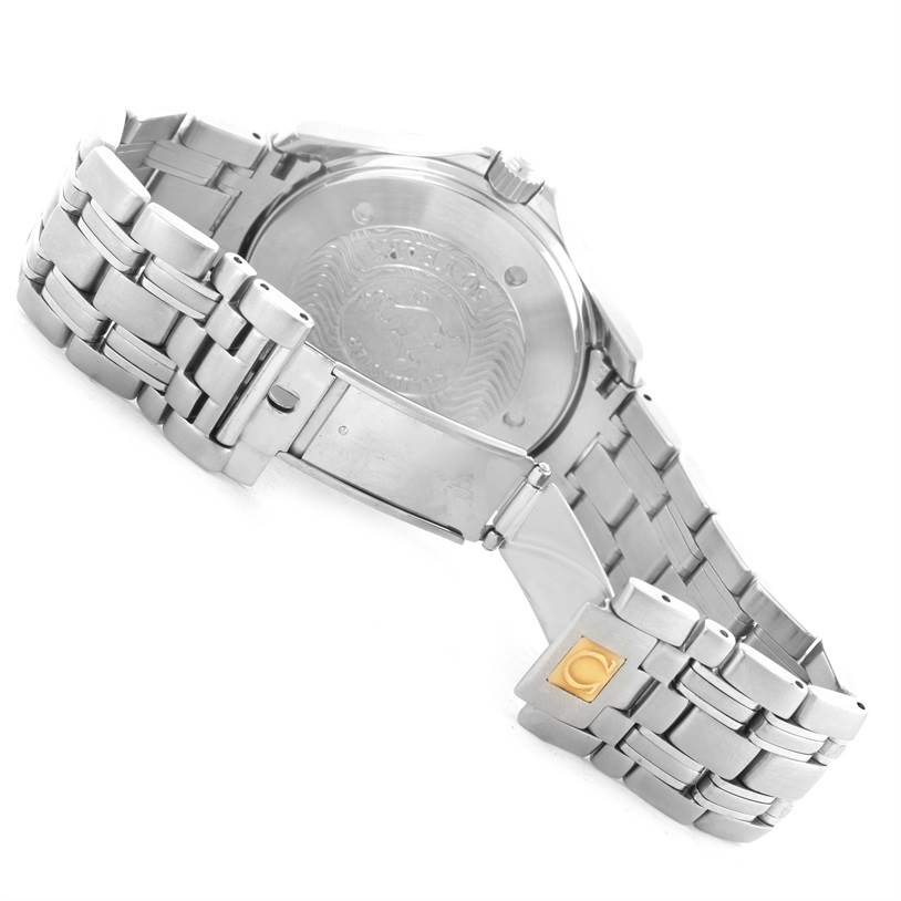 The image shows the back and clasp of an Omega Seamaster 2534.50.00 Men
s Stainless Steel Black Dial 2534.50.00 Men
s Stainless Steel Black Dial watch, highlighting its metal bracelet and engraved case back.