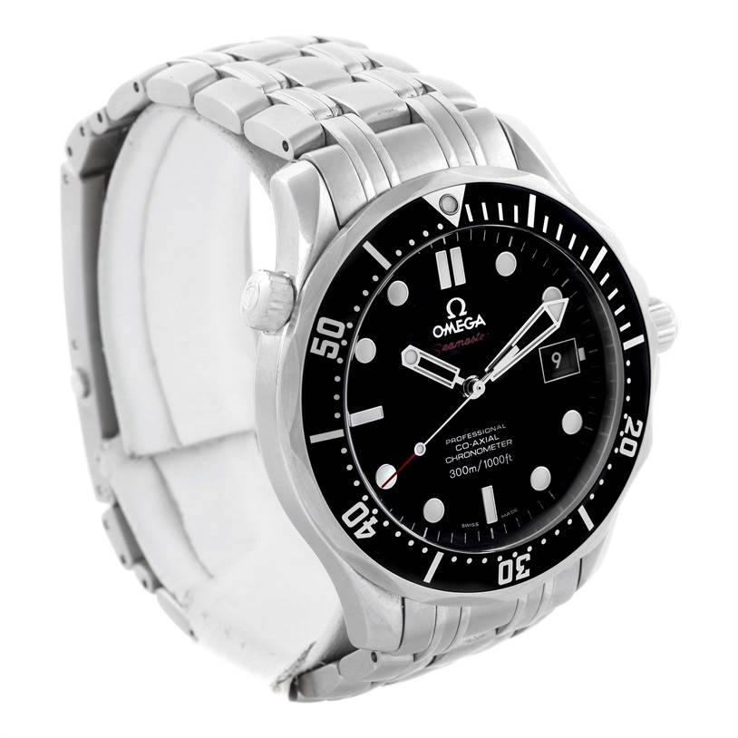 The image shows an Omega Seamaster 212.30.41.20.01.002 Men
s Stainless Steel Black Dial 212.30.41.20.01.002 Men
s Stainless Steel Black Dial watch from a front angle, highlighting the dial, bezel, and stainless steel bracelet.