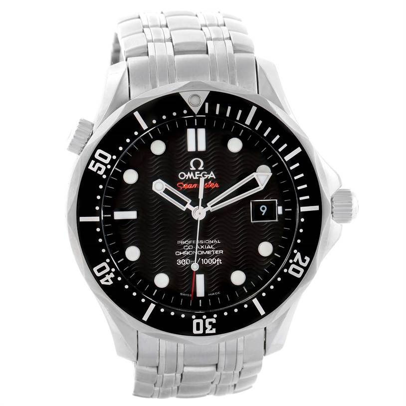 The Omega Seamaster 212.30.41.20.01.002 Men
s Stainless Steel Black Dial 212.30.41.20.01.002 Men
s Stainless Steel Black Dial watch is shown from the front, featuring its dial, bezel, date window, and bracelet.
