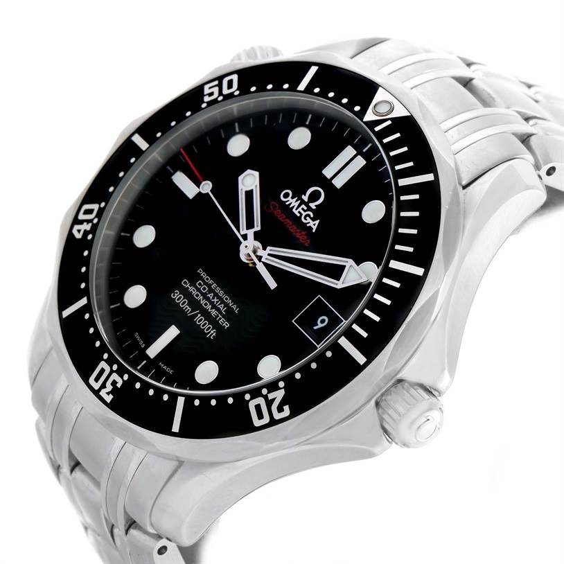 The Omega Seamaster 212.30.41.20.01.002 Men
s Stainless Steel Black Dial 212.30.41.20.01.002 Men
s Stainless Steel Black Dial watch is shown at a front angle, highlighting the dial, hands, bezel, date, and part of the bracelet.