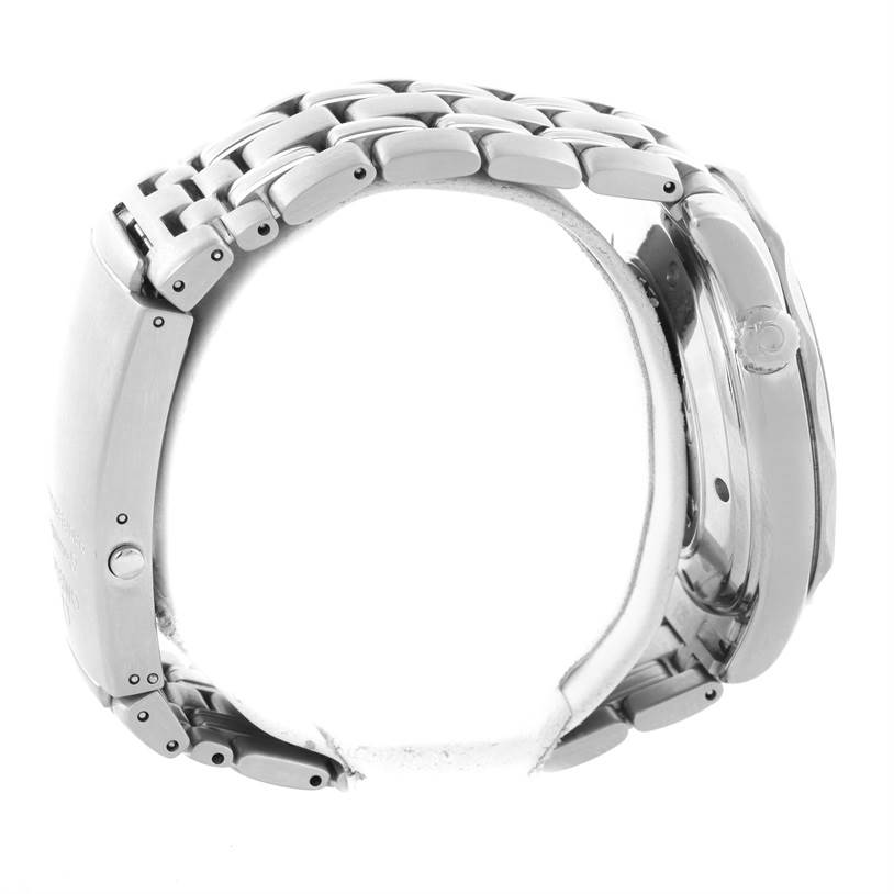 The image shows a side view of the Omega Seamaster 212.30.41.20.01.002 Men
s Stainless Steel Black Dial 212.30.41.20.01.002 Men
s Stainless Steel Black Dial watch highlighting its stainless steel bracelet and case profile.