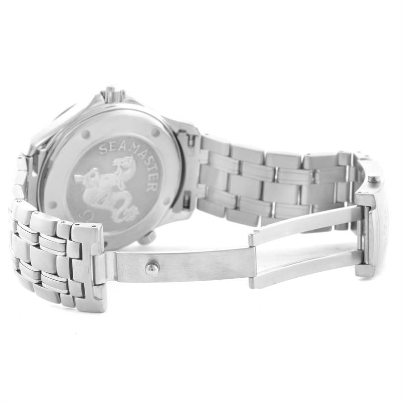 The image displays the back case and bracelet of an Omega Seamaster 212.30.41.20.01.002 Men
s Stainless Steel Black Dial 212.30.41.20.01.002 Men
s Stainless Steel Black Dial watch, highlighting the clasp and engraved case back.