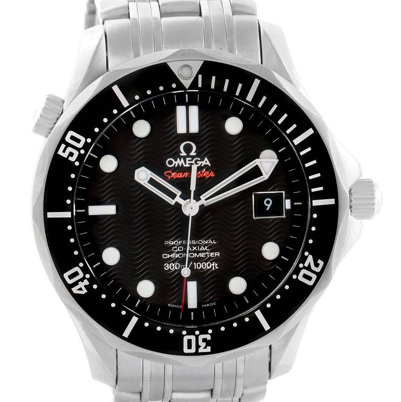 The image shows a front view of the Omega Seamaster 212.30.41.20.01.002 Men
s Stainless Steel Black Dial 212.30.41.20.01.002 Men
s Stainless Steel Black Dial watch, highlighting its dial, bezel, and part of its bracelet.