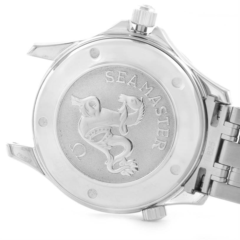 The image shows a rear view of the Omega Seamaster 212.30.41.20.01.002 Men
s Stainless Steel Black Dial 212.30.41.20.01.002 Men
s Stainless Steel Black Dial watch case back, featuring its embossed logo and part of the bracelet.