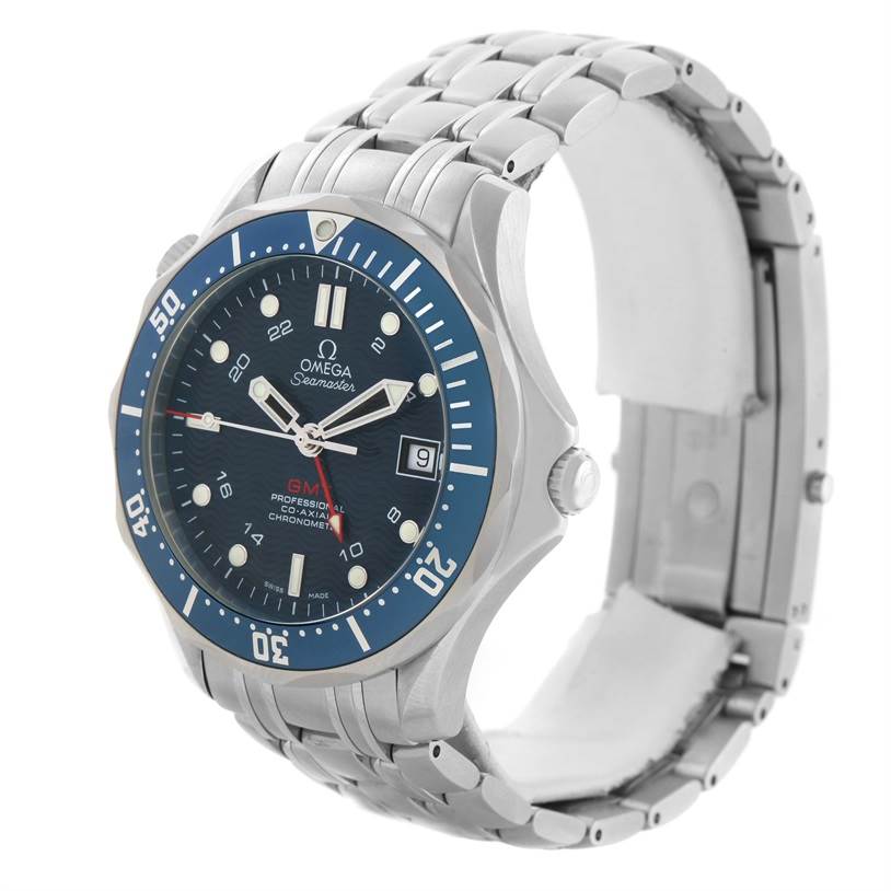 The Omega Seamaster 2535.80.00 Men
s Stainless Steel Blue Dial 2535.80.00 Men
s Stainless Steel Blue Dial watch is shown at an angled view displaying the blue dial, bezel, crown, and stainless steel bracelet.