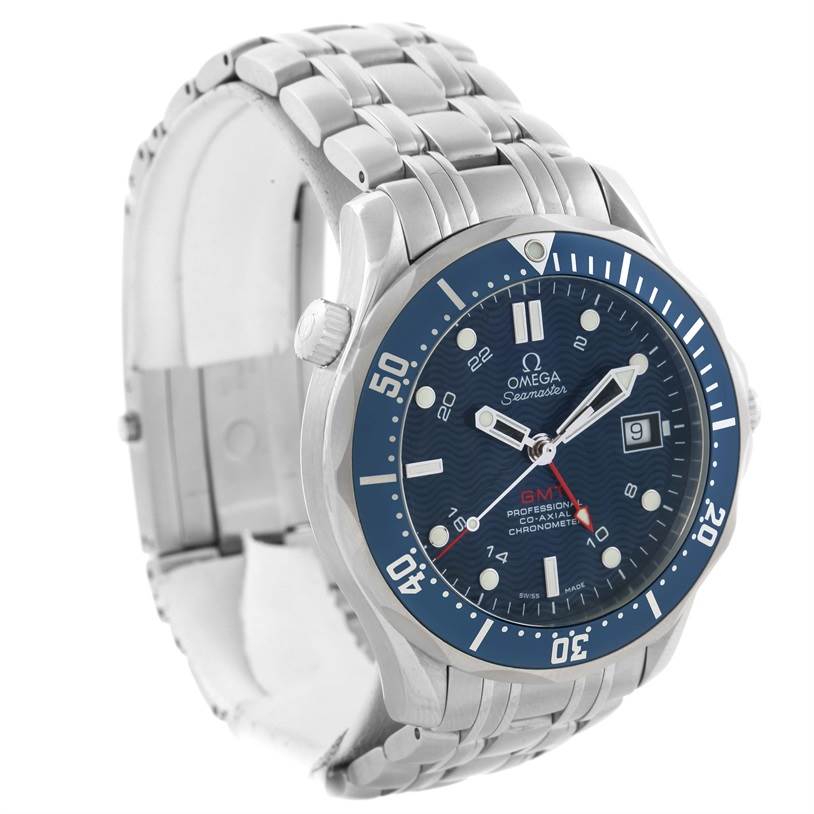 The Omega Seamaster 2535.80.00 Men
s Stainless Steel Blue Dial 2535.80.00 Men
s Stainless Steel Blue Dial watch is shown from a front angle, highlighting the face, bezel, crown, and metal bracelet.