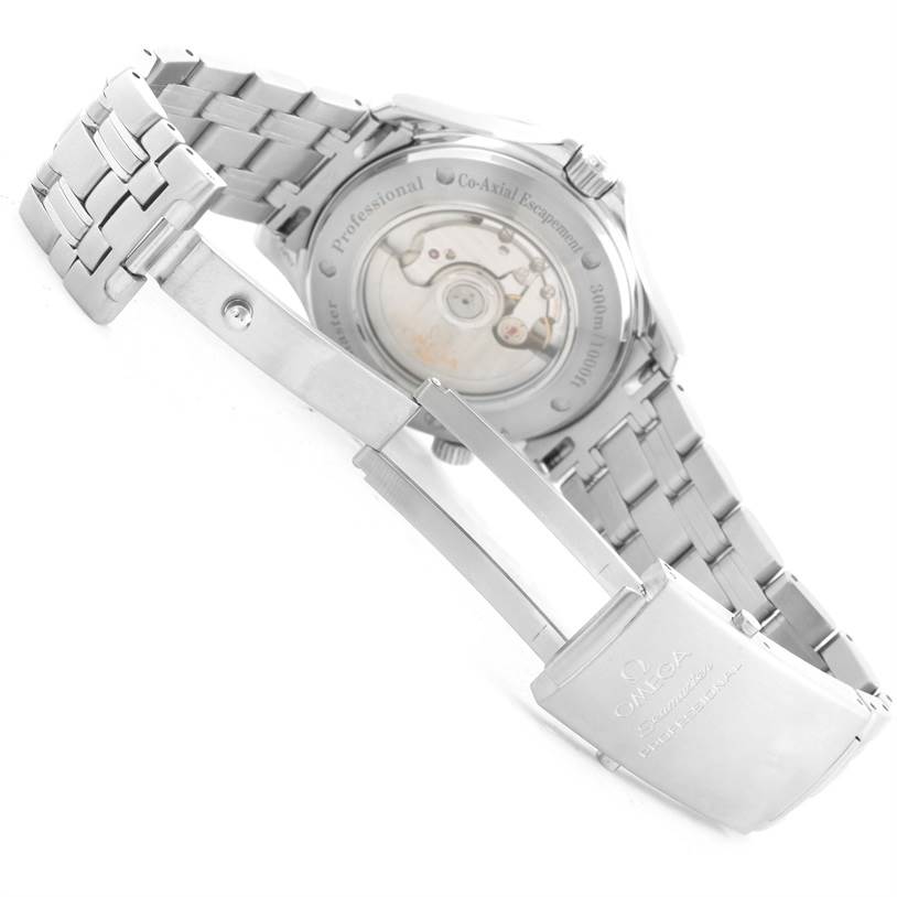 The image shows the back and clasp of an Omega Seamaster 2535.80.00 Men
s Stainless Steel Blue Dial 2535.80.00 Men
s Stainless Steel Blue Dial watch with the bracelet partially opened.