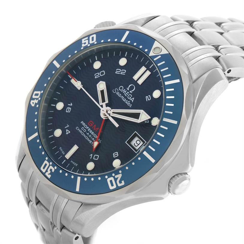 The Omega Seamaster 2535.80.00 Men
s Stainless Steel Blue Dial 2535.80.00 Men
s Stainless Steel Blue Dial watch is shown at an angled side view, displaying the face, bezel, crown, and part of the bracelet.
