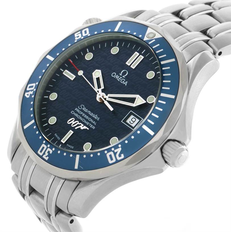 The Omega Seamaster 2537.80.00 Men
s Stainless Steel Blue Dial 2537.80.00 Men
s Stainless Steel Blue Dial watch is shown at an angle revealing the face, bezel, crown, and stainless steel bracelet.