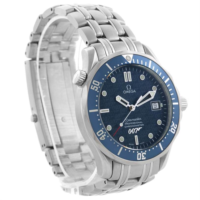 The image shows a side angle of the Omega Seamaster 2537.80.00 Men
s Stainless Steel Blue Dial 2537.80.00 Men
s Stainless Steel Blue Dial watch, highlighting its blue dial, bezel, and stainless steel bracelet.