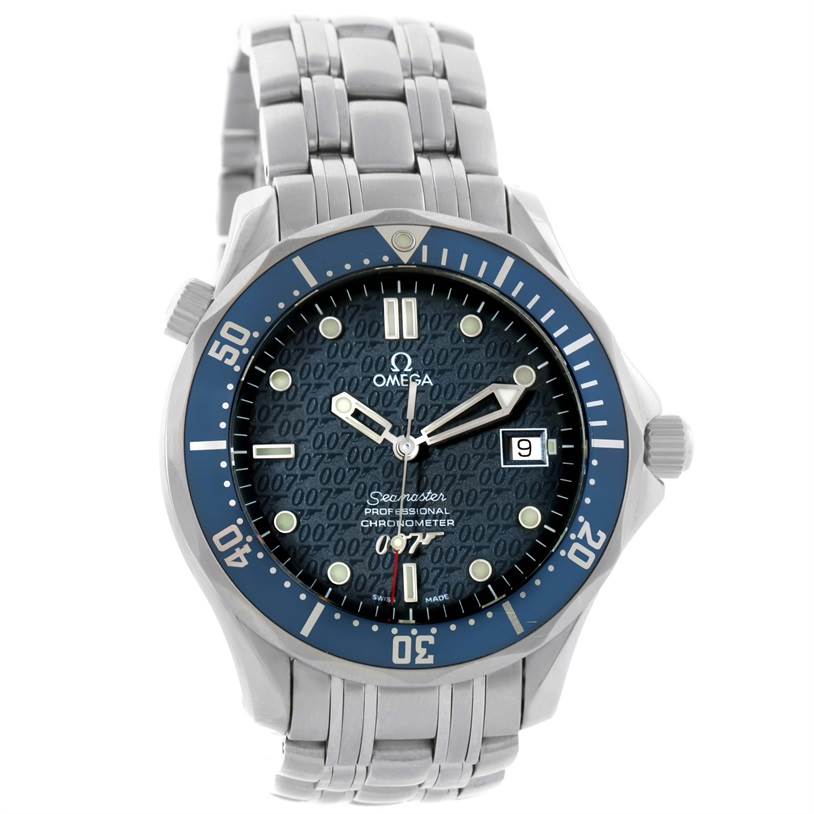 The image shows a frontal view of the Omega Seamaster 2537.80.00 Men
s Stainless Steel Blue Dial 2537.80.00 Men
s Stainless Steel Blue Dial watch, highlighting its dial, bezel, and bracelet.