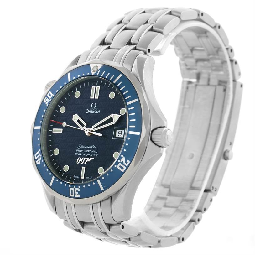 The Omega Seamaster 2537.80.00 Men
s Stainless Steel Blue Dial 2537.80.00 Men
s Stainless Steel Blue Dial watch is shown at an angle highlighting the face, bezel, and metal bracelet. 
