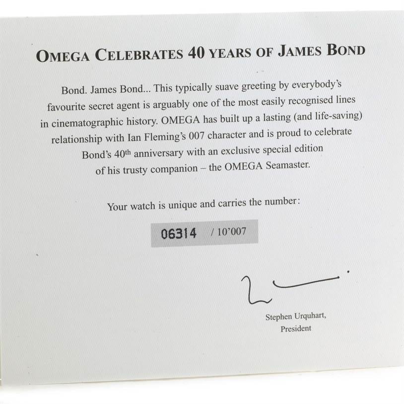 The image shows a certificate for the Omega Seamaster 2537.80.00 Men
s Stainless Steel Blue Dial 2537.80.00 Men
s Stainless Steel Blue Dial, commemorating 40 years of James Bond, showing serial number 06314 of 10,007.
