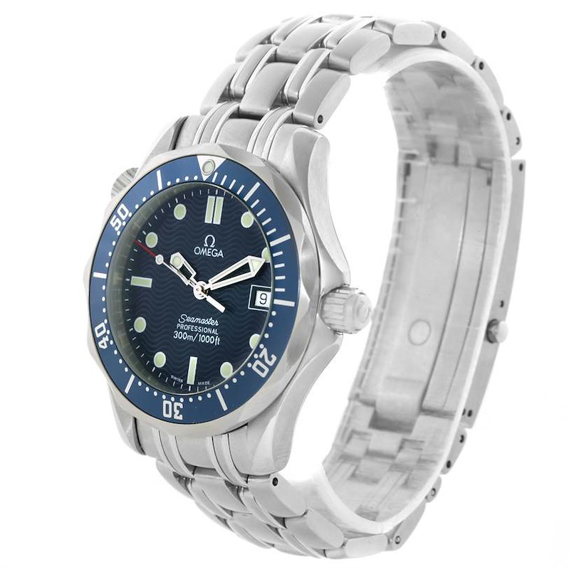 The Omega Seamaster watch is shown at a slightly angled side view, displaying its face, bezel, and metal bracelet.