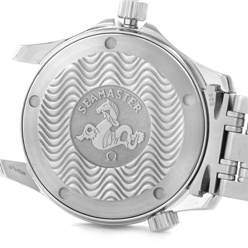 The image shows the back case of an Omega Seamaster 2561.80.00 Men
s Stainless Steel Blue Dial 2561.80.00 Men
s Stainless Steel Blue Dial watch, highlighting its engraved design and metal bracelet.