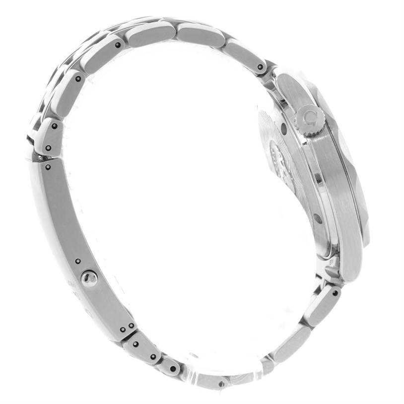 The image shows a side view of an Omega Seamaster 2561.80.00 Men
s Stainless Steel Blue Dial 2561.80.00 Men
s Stainless Steel Blue Dial watch, showcasing its metal bracelet and case with crown details.